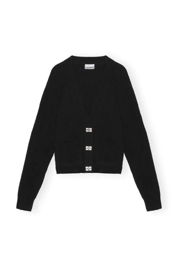 Clothing GANNI Extended Sizes Black Soft Wool Cardigan Black Clothing GANNI Extended Sizes Black Soft Wool Cardigan Black