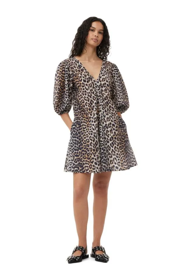 Clothing GANNI Extended Sizes Silk Vneck Mini Dress Leopard