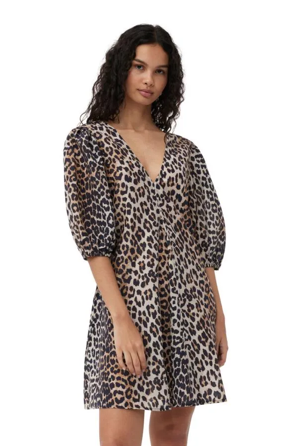 Clothing GANNI Extended Sizes Silk Vneck Mini Dress Leopard