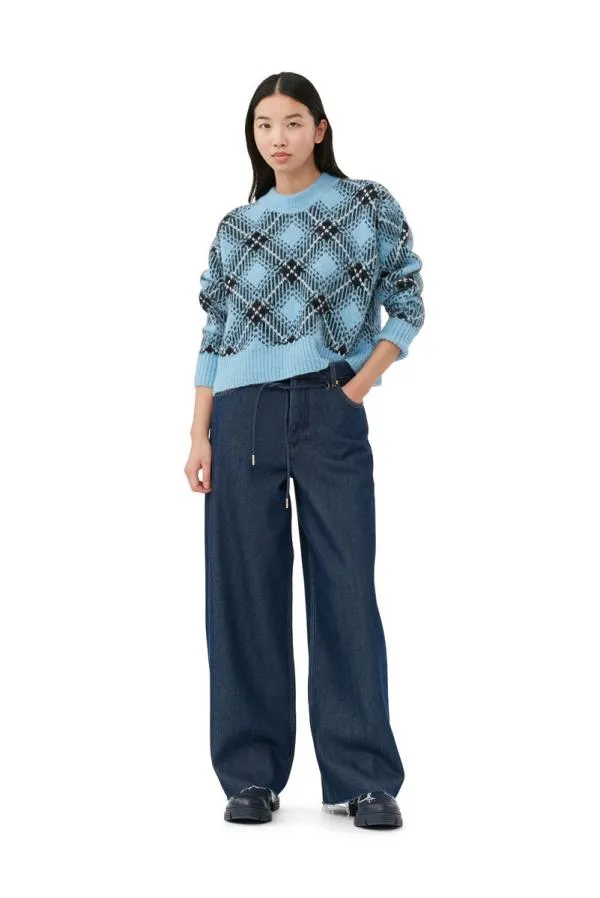 Clothing GANNI Knitwear Blue Checkered Oversized Wool Pullover Silver Lake Blue Clothing GANNI Knitwear Blue Checkered Oversized Wool Pullover Silver Lake Blue