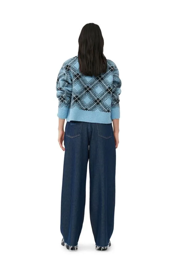 Clothing GANNI Knitwear Blue Checkered Oversized Wool Pullover Silver Lake Blue Clothing GANNI Knitwear Blue Checkered Oversized Wool Pullover Silver Lake Blue