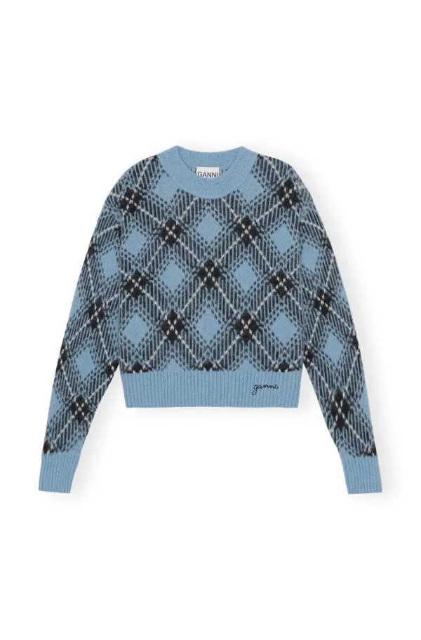 Clothing GANNI Knitwear Blue Checkered Oversized Wool Pullover Silver Lake Blue Clothing GANNI Knitwear Blue Checkered Oversized Wool Pullover Silver Lake Blue