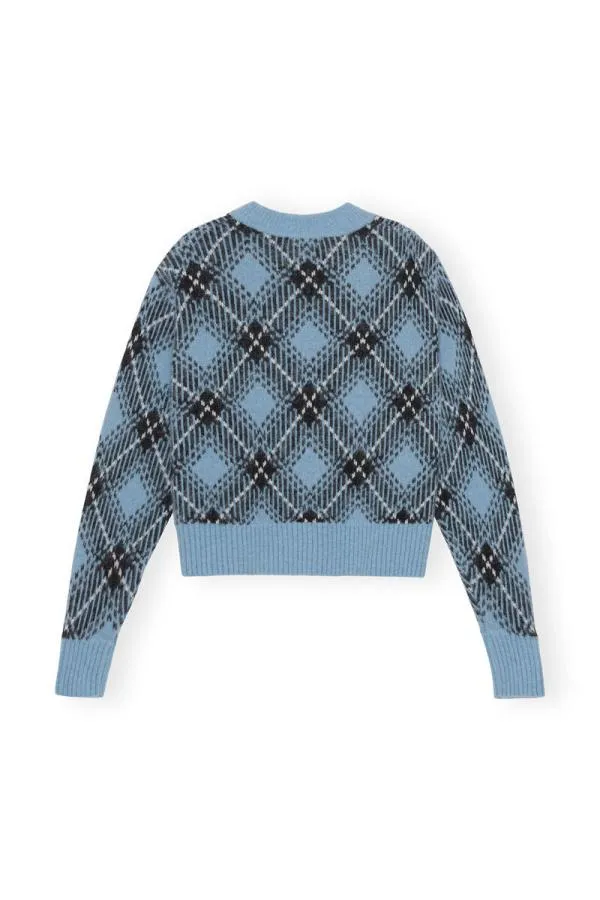 Clothing GANNI Knitwear Blue Checkered Oversized Wool Pullover Silver Lake Blue Clothing GANNI Knitwear Blue Checkered Oversized Wool Pullover Silver Lake Blue