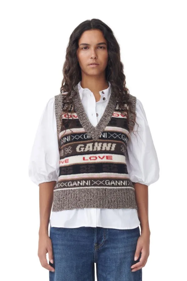 Clothing GANNI Knitwear Brown Logo Wool Mix Vest Shaved Chocolate