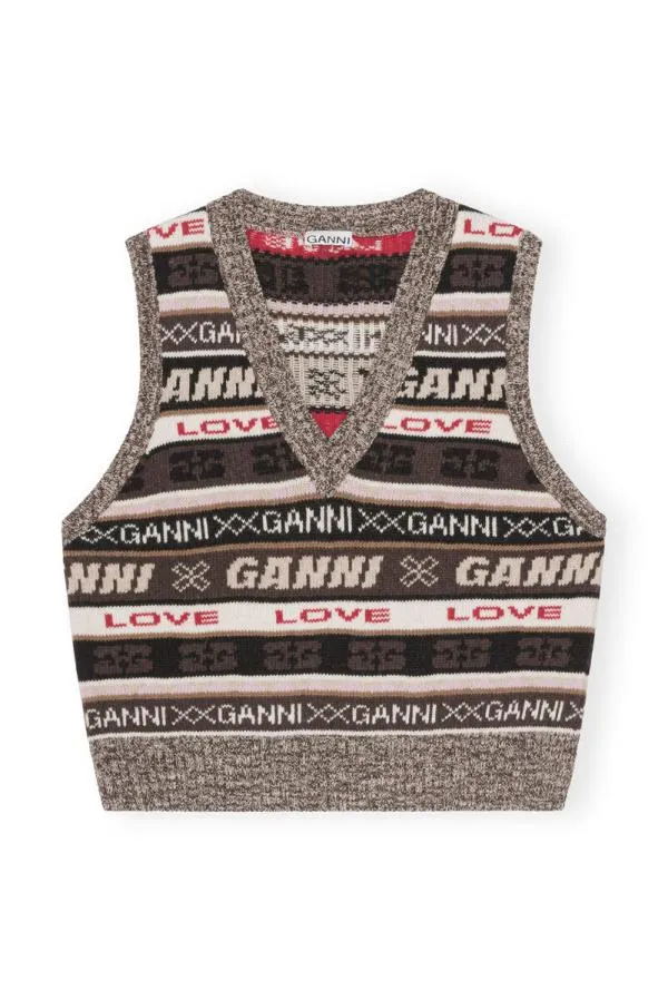 Clothing GANNI Knitwear Brown Logo Wool Mix Vest Shaved Chocolate Clothing GANNI Knitwear Brown Logo Wool Mix Vest Shaved Chocolate