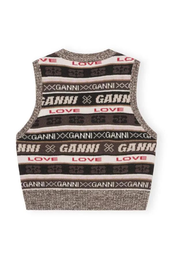 Clothing GANNI Knitwear Brown Logo Wool Mix Vest Shaved Chocolate Clothing GANNI Knitwear Brown Logo Wool Mix Vest Shaved Chocolate