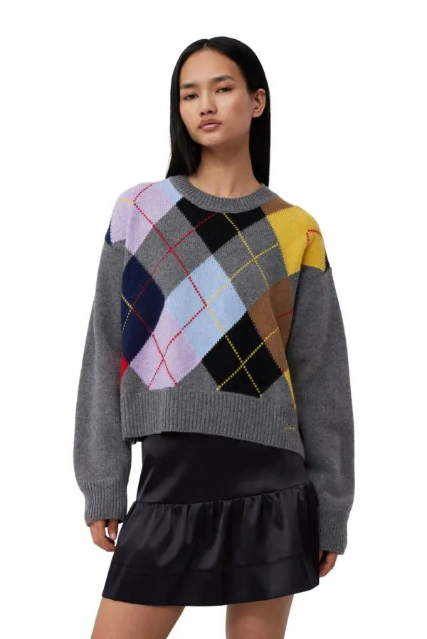 Clothing GANNI Knitwear Harlequin Wool Mix Oversized Oneck Pullover Frost Gray Clothing GANNI Knitwear Harlequin Wool Mix Oversized Oneck Pullover Frost Gray