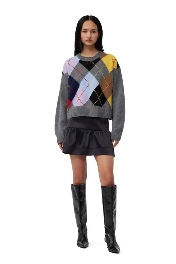 Clothing GANNI Knitwear Harlequin Wool Mix Oversized Oneck Pullover Frost Gray Clothing GANNI Knitwear Harlequin Wool Mix Oversized Oneck Pullover Frost Gray