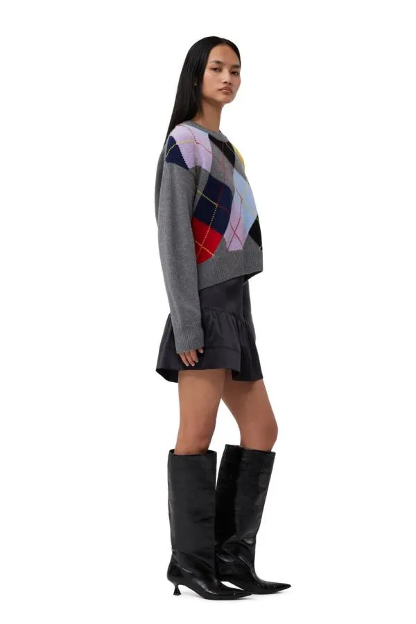 Clothing GANNI Knitwear Harlequin Wool Mix Oversized Oneck Pullover Frost Gray Clothing GANNI Knitwear Harlequin Wool Mix Oversized Oneck Pullover Frost Gray
