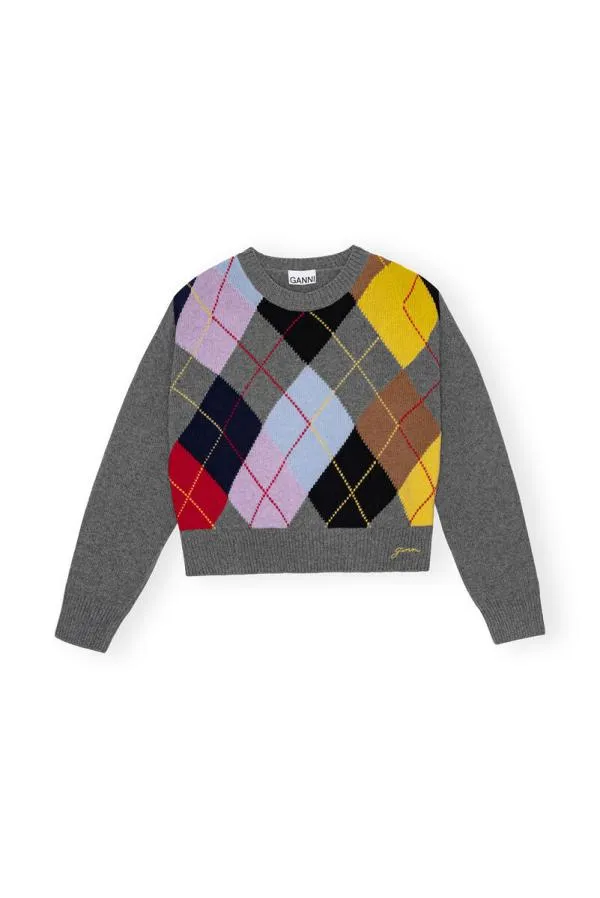 Clothing GANNI Knitwear Harlequin Wool Mix Oversized Oneck Pullover Frost Gray Clothing GANNI Knitwear Harlequin Wool Mix Oversized Oneck Pullover Frost Gray