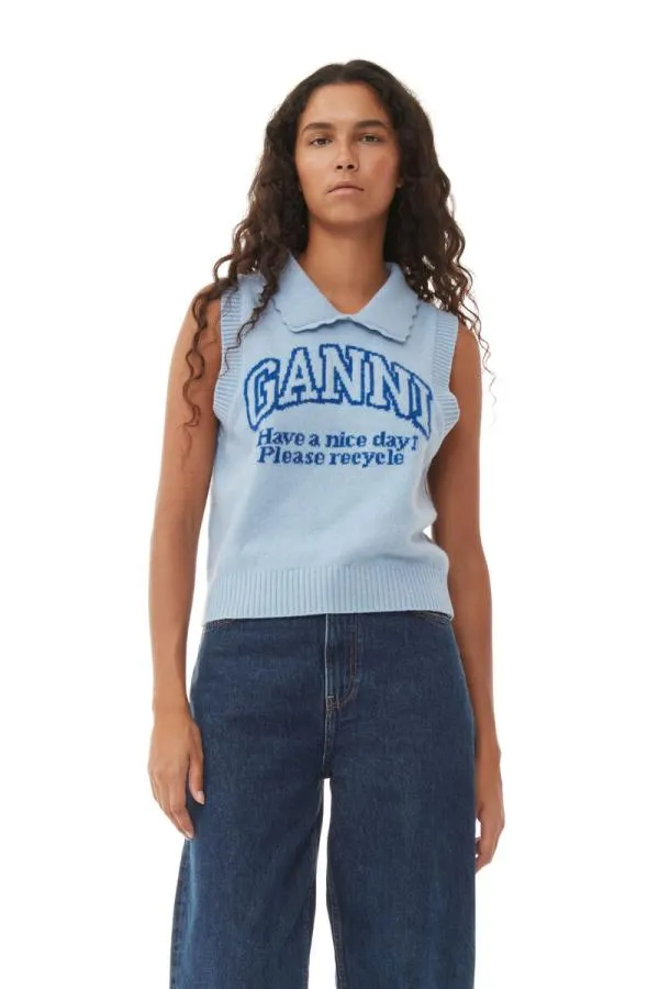 Clothing GANNI Knitwear Recut Blue Graphic Vest Silver Lake Blue