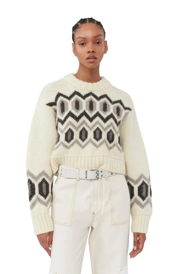 Clothing GANNI Knitwear White Chunky Wool Cropped Oneck Sweater Egret