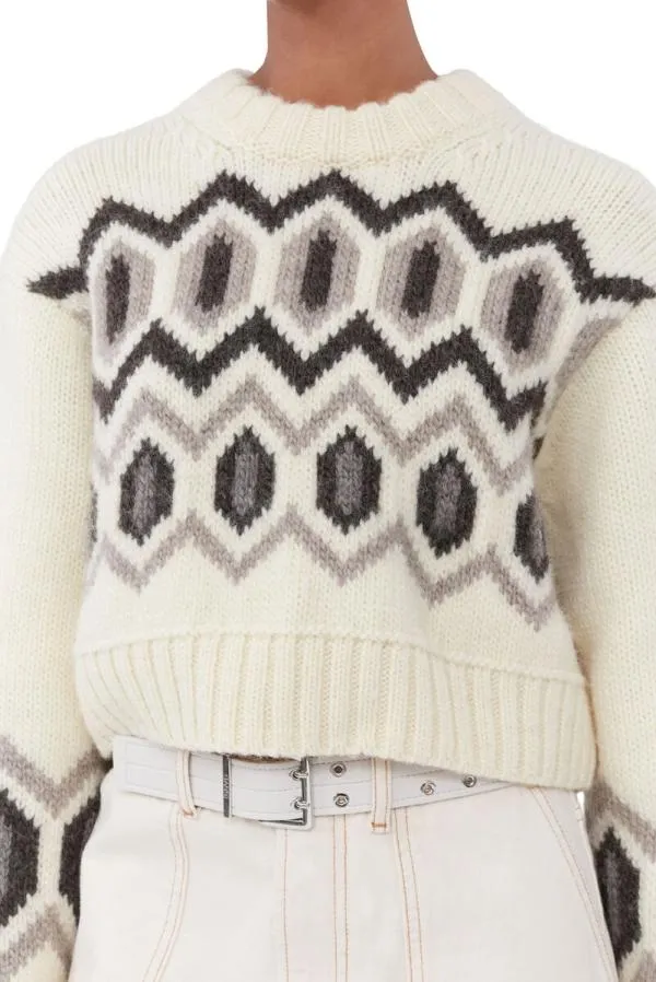 Clothing GANNI Knitwear White Chunky Wool Cropped Oneck Sweater Egret Clothing GANNI Knitwear White Chunky Wool Cropped Oneck Sweater Egret
