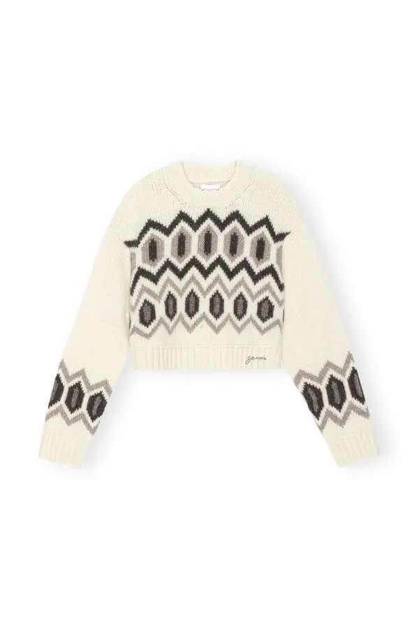 Clothing GANNI Knitwear White Chunky Wool Cropped Oneck Sweater Egret Clothing GANNI Knitwear White Chunky Wool Cropped Oneck Sweater Egret