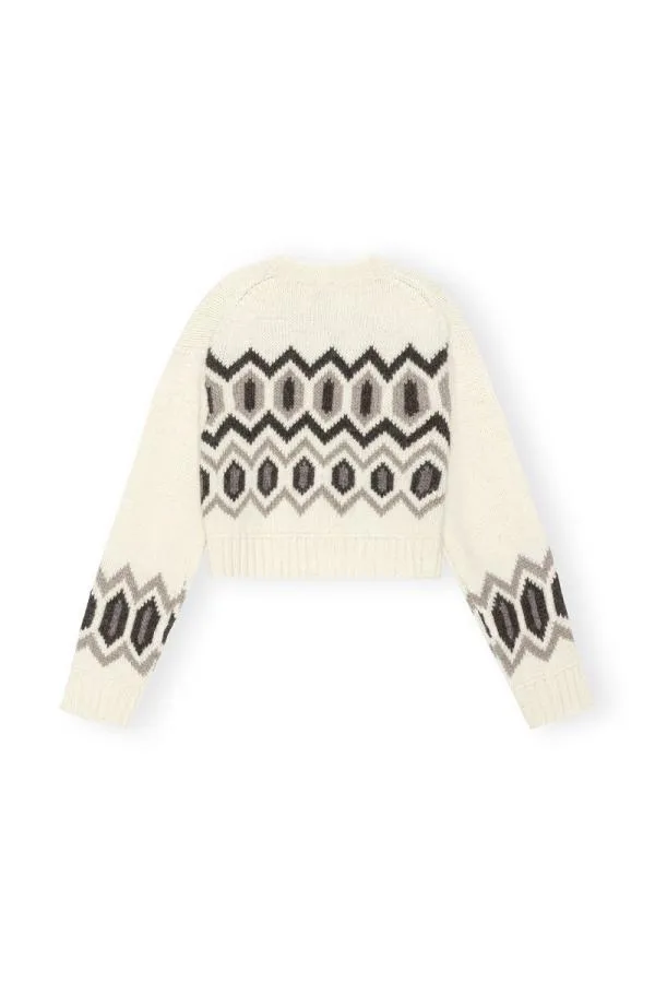 Clothing GANNI Knitwear White Chunky Wool Cropped Oneck Sweater Egret Clothing GANNI Knitwear White Chunky Wool Cropped Oneck Sweater Egret