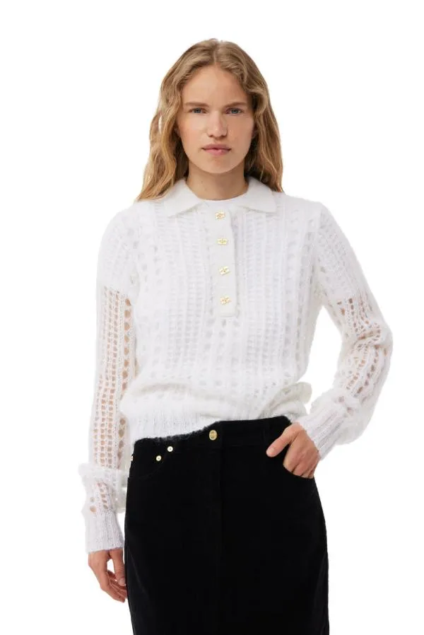 Clothing GANNI Knitwear White Mohair Lace Polo Sweater Bright White