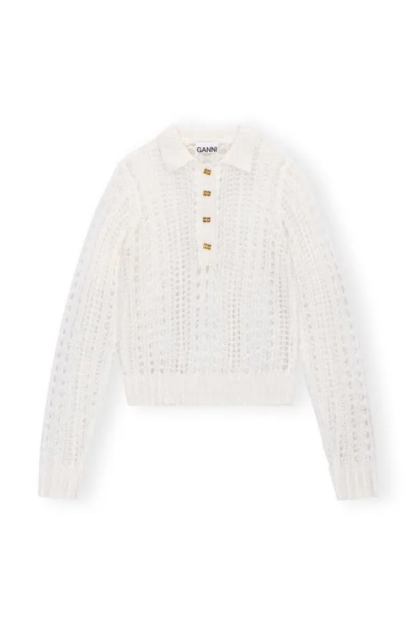 Clothing GANNI Knitwear White Mohair Lace Polo Sweater Bright White