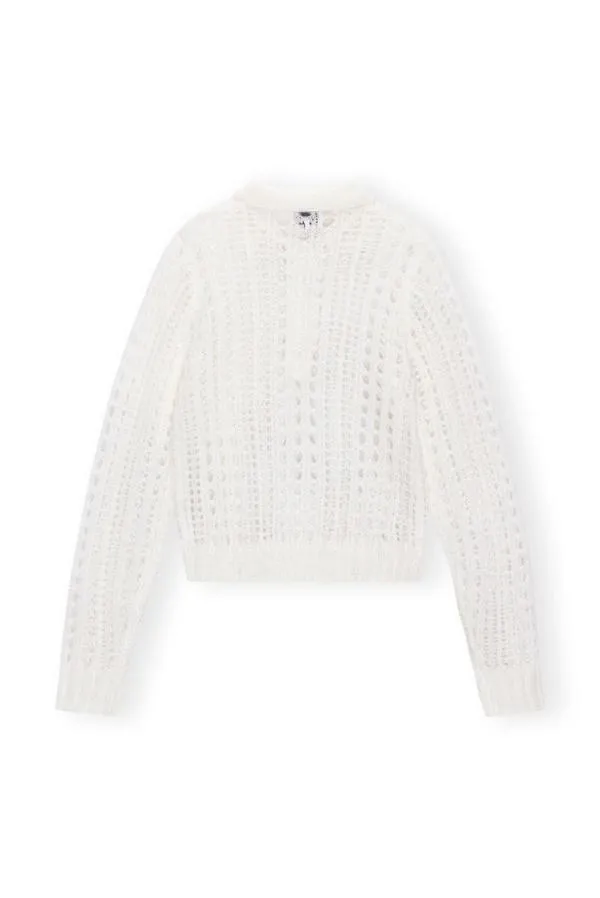 Clothing GANNI Knitwear White Mohair Lace Polo Sweater Bright White