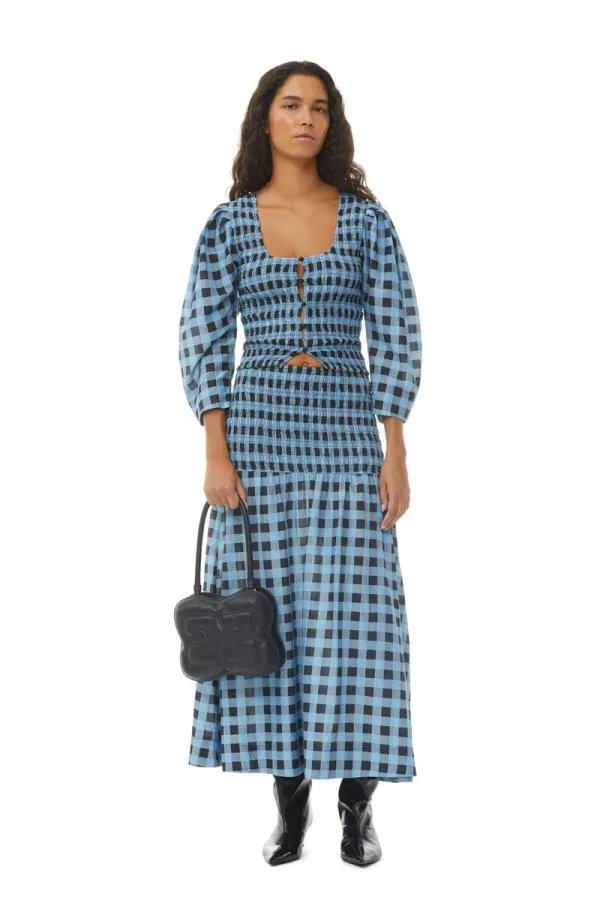 Clothing GANNI Skirts Checkered Cotton Silk Long Smock Skirt Alaskan Blue