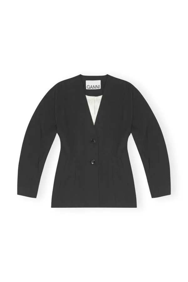 Clothing GANNI Suiting Black Fitted Drapey Melange Blazer Black Clothing GANNI Suiting Black Fitted Drapey Melange Blazer Black