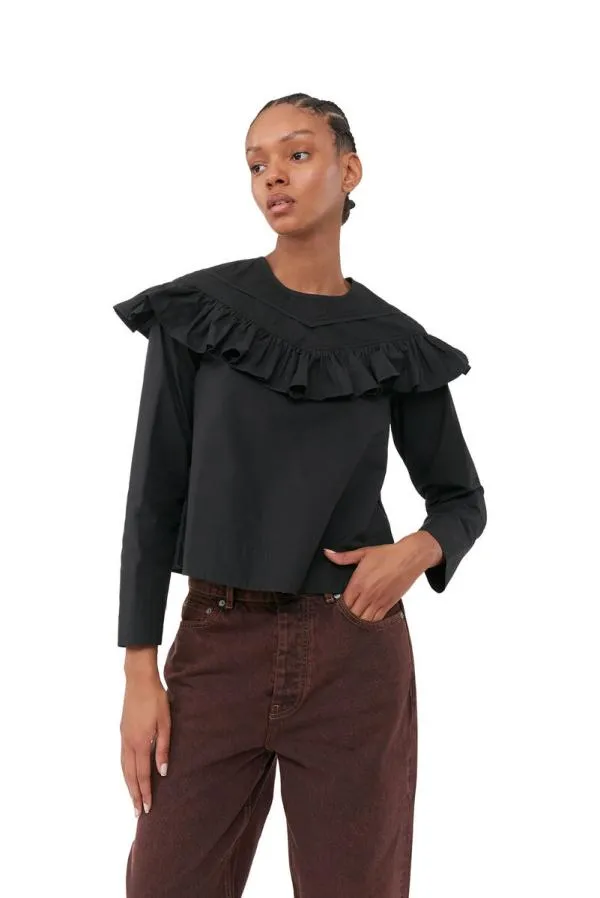 Clothing GANNI Tops Black Cotton Poplin Frill Blouse Black