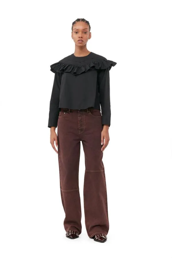 Clothing GANNI Tops Black Cotton Poplin Frill Blouse Black Clothing GANNI Tops Black Cotton Poplin Frill Blouse Black