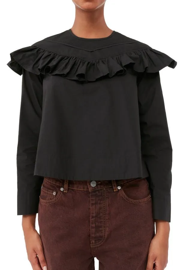 Clothing GANNI Tops Black Cotton Poplin Frill Blouse Black Clothing GANNI Tops Black Cotton Poplin Frill Blouse Black