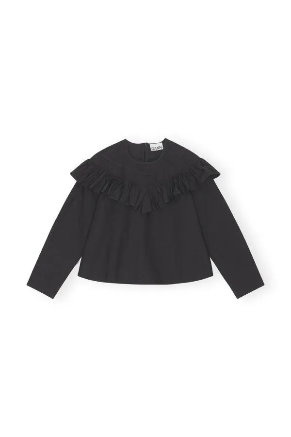 Clothing GANNI Tops Black Cotton Poplin Frill Blouse Black Clothing GANNI Tops Black Cotton Poplin Frill Blouse Black