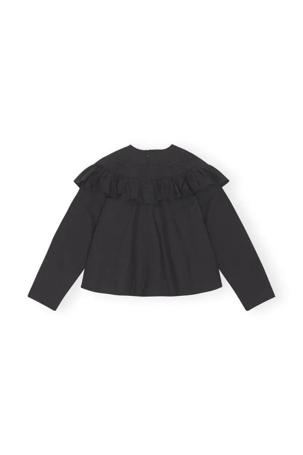 Clothing GANNI Tops Black Cotton Poplin Frill Blouse Black Clothing GANNI Tops Black Cotton Poplin Frill Blouse Black