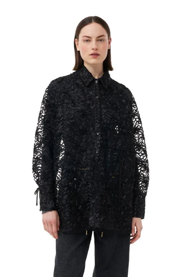 Clothing GANNI Tops Black Ribbon Tulle Raglan Shirt Black