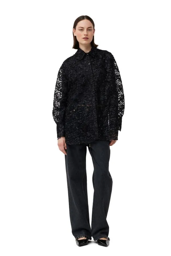 Clothing GANNI Tops Black Ribbon Tulle Raglan Shirt Black