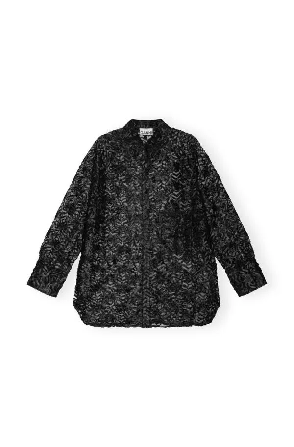 Clothing GANNI Tops Black Ribbon Tulle Raglan Shirt Black