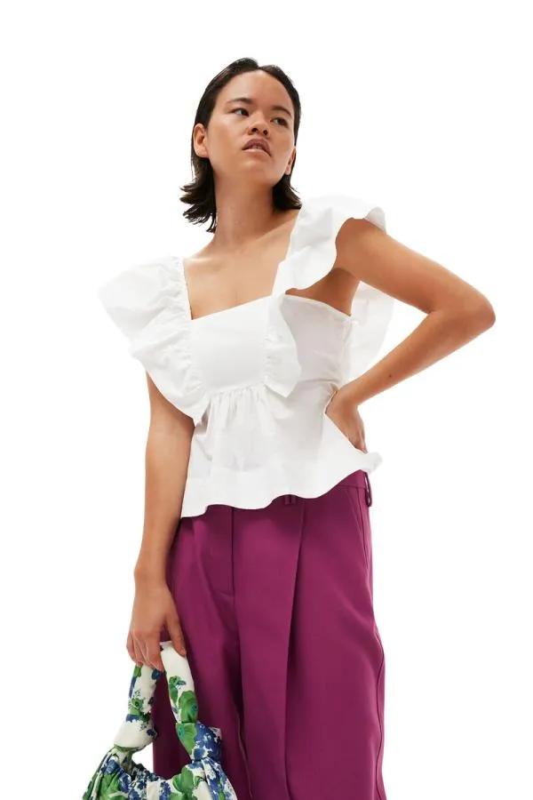 Clothing GANNI Tops Cotton Poplin Ruffle Blouse Bright White Clothing GANNI Tops Cotton Poplin Ruffle Blouse Bright White