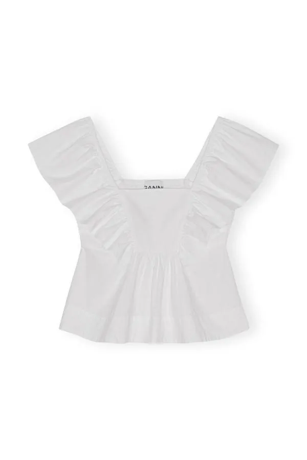 Clothing GANNI Tops Cotton Poplin Ruffle Blouse Bright White Clothing GANNI Tops Cotton Poplin Ruffle Blouse Bright White