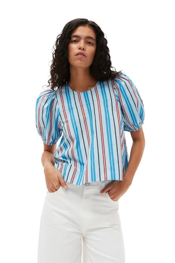 Clothing GANNI Tops Stripe Cotton Open Back Top Brilliant Blue Clothing GANNI Tops Stripe Cotton Open Back Top Brilliant Blue