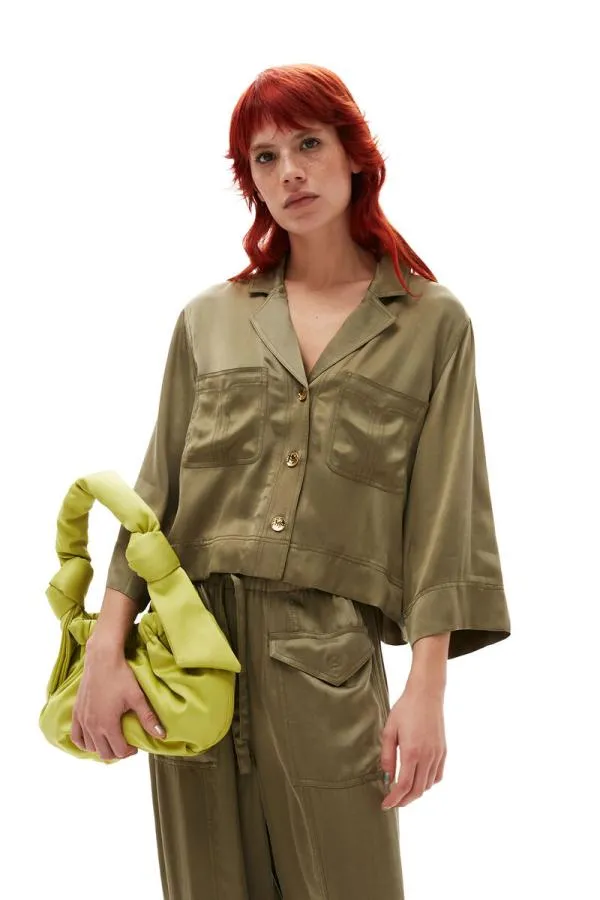 Clothing GANNI Tops Washed Satin Crop Shirt Aloe