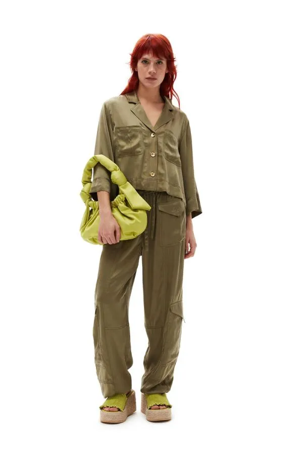 Clothing GANNI Tops Washed Satin Crop Shirt Aloe Clothing GANNI Tops Washed Satin Crop Shirt Aloe