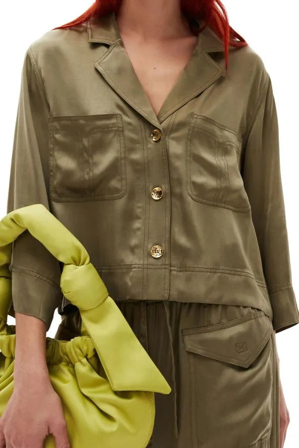 Clothing GANNI Tops Washed Satin Crop Shirt Aloe Clothing GANNI Tops Washed Satin Crop Shirt Aloe