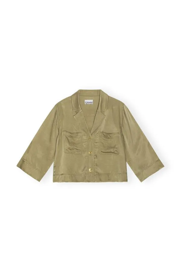 Clothing GANNI Tops Washed Satin Crop Shirt Aloe Clothing GANNI Tops Washed Satin Crop Shirt Aloe