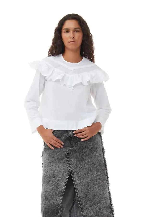 Clothing GANNI Tops White Cotton Poplin Frill Blouse Bright White