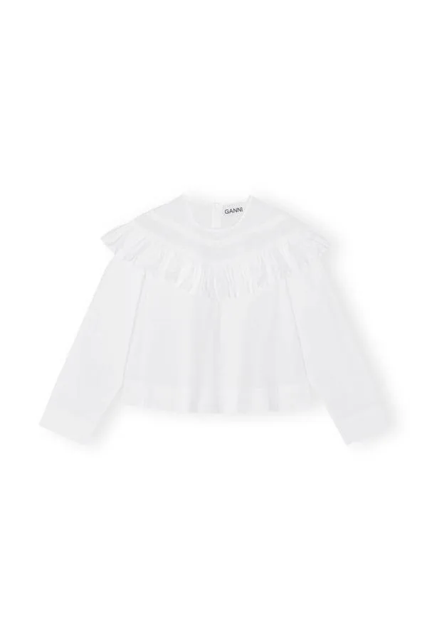 Clothing GANNI Tops White Cotton Poplin Frill Blouse Bright White Clothing GANNI Tops White Cotton Poplin Frill Blouse Bright White