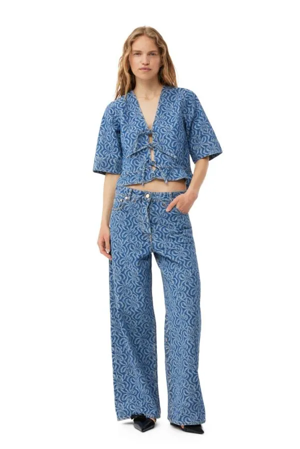 Clothing GANNI Trousers Blue Jacquard Denim Wide Trousers Mid Blue Stone