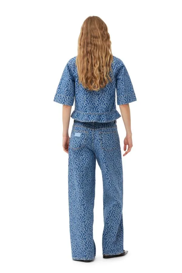 Clothing GANNI Trousers Blue Jacquard Denim Wide Trousers Mid Blue Stone