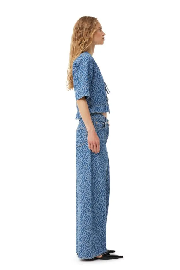 Clothing GANNI Trousers Blue Jacquard Denim Wide Trousers Mid Blue Stone