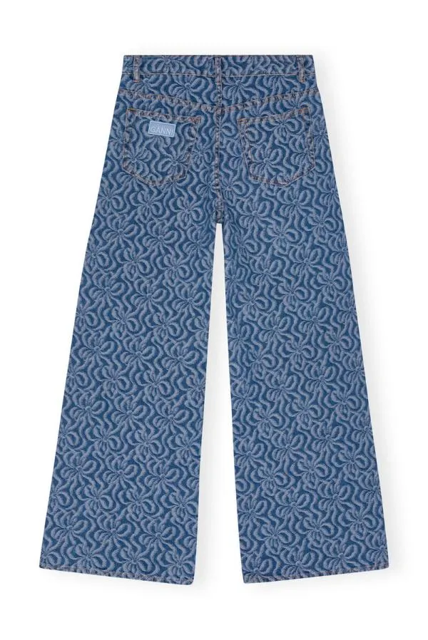 Clothing GANNI Trousers Blue Jacquard Denim Wide Trousers Mid Blue Stone