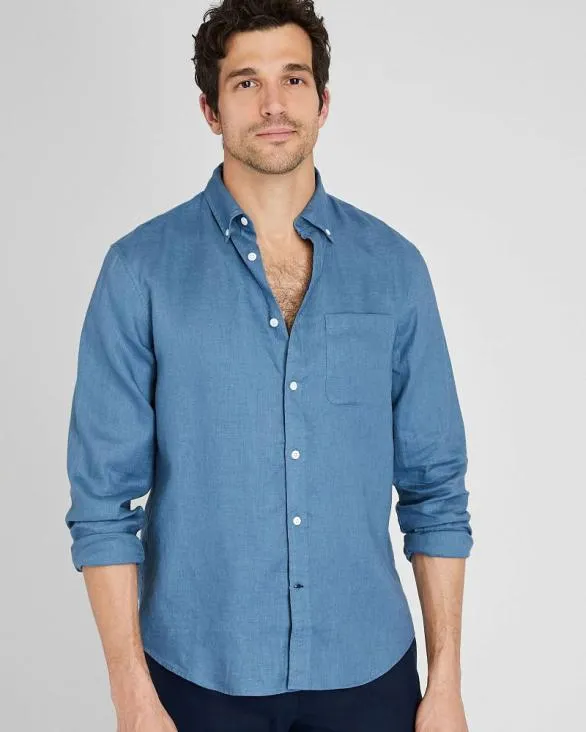 Club Monaco Shirts LongSleeve Solid Linen Shirt Medium Blue 8211 Men