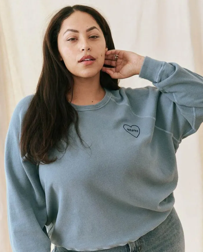 CollectionTees and Sweats The Great The Mom Embroidered College Sweatshirt Gaucho Blue With Navy