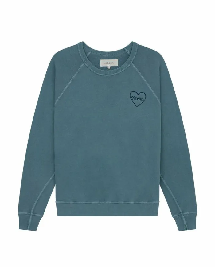CollectionTees and Sweats The Great The Mom Embroidered College Sweatshirt Gaucho Blue With Navy