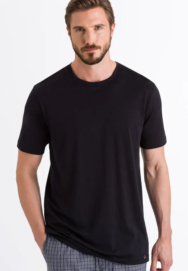 Cotton Crew Neck TShirt Black Men HANRO Pajama Tops