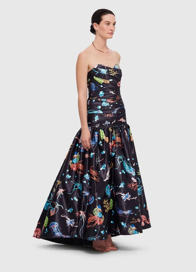 Delphine Bustier Midi Dress 8211 Twilight Print in Black Women Dresses and Jumpsuits LEO LIN